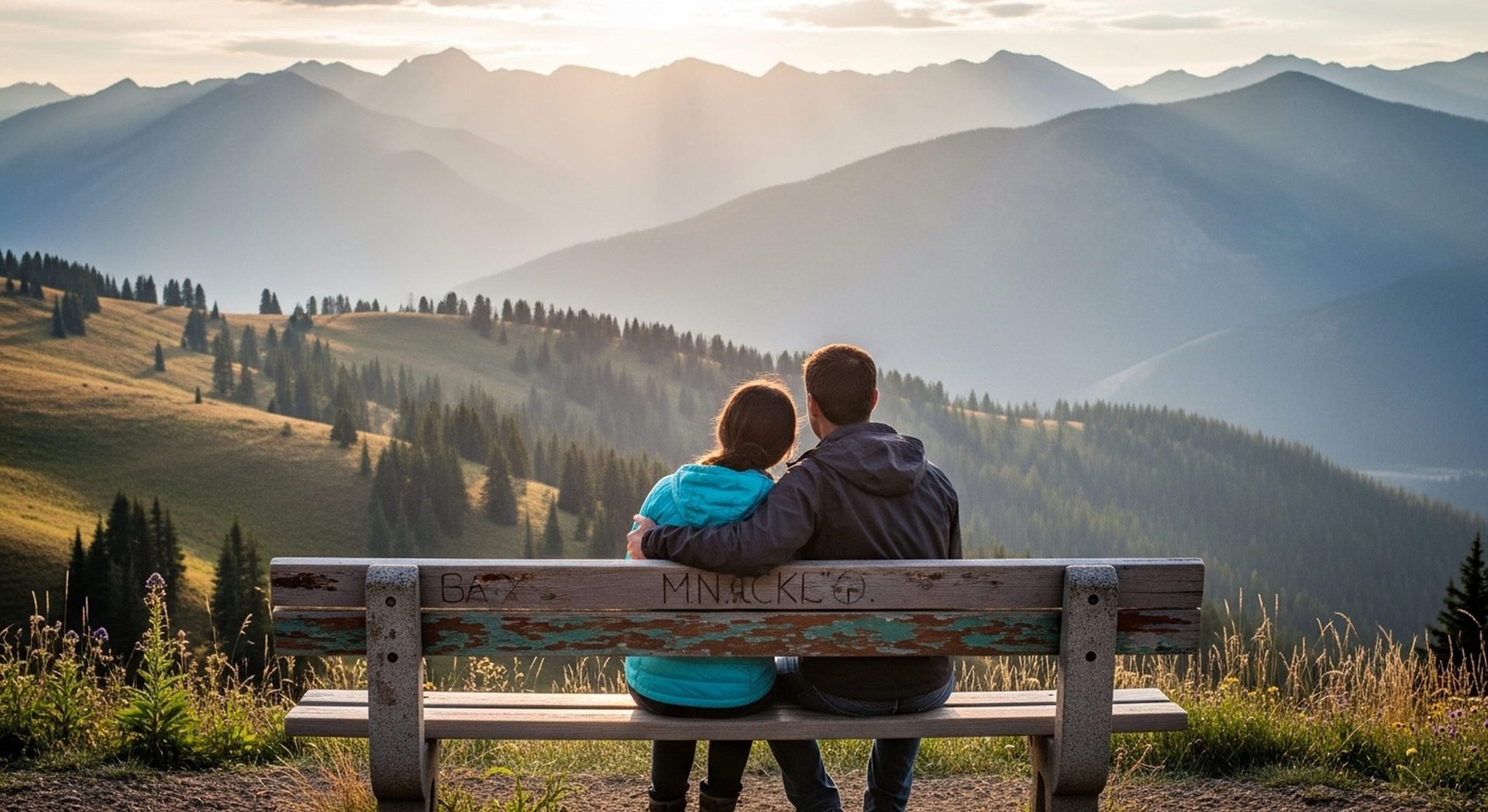 Paar sitzt auf einer Bank und blickt über eine weite Berglandschaft
